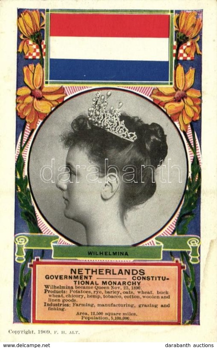 ** T2/T3 Wilhelmina Of The Netherlands, Flag, Floral (gluemark) - Ohne Zuordnung