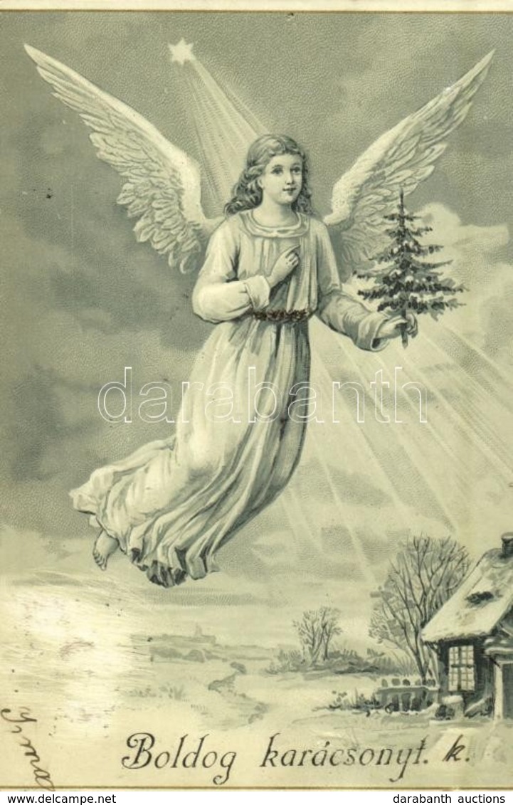 T3 1901 'Boldog Karácsonyt', üdvözlőlap / Angel With Christmas Tree, Star, Winter, Christmas Greeting Card, Litho (apró  - Ohne Zuordnung