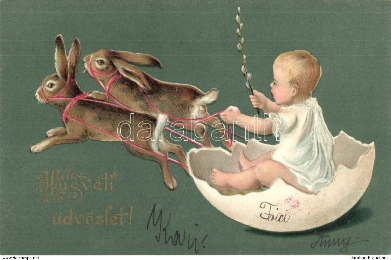 T2 Húsvéti üdvözlet / Easter Greeting Card, Rabbit Sled With Egg Shell, Emb. Litho - Sin Clasificación