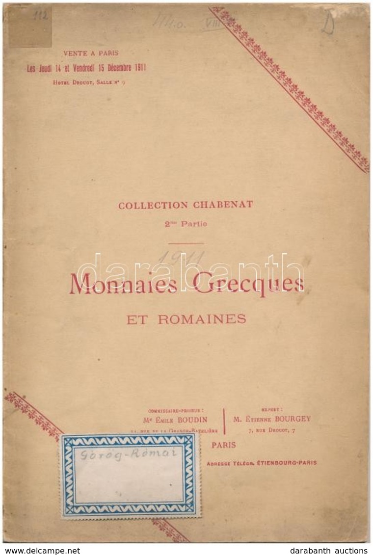 Monnaies Grecques Et Romaines. Párizs, 1911. Görög és Római érmék Katalógusa, Használt állapotban. - Ohne Zuordnung