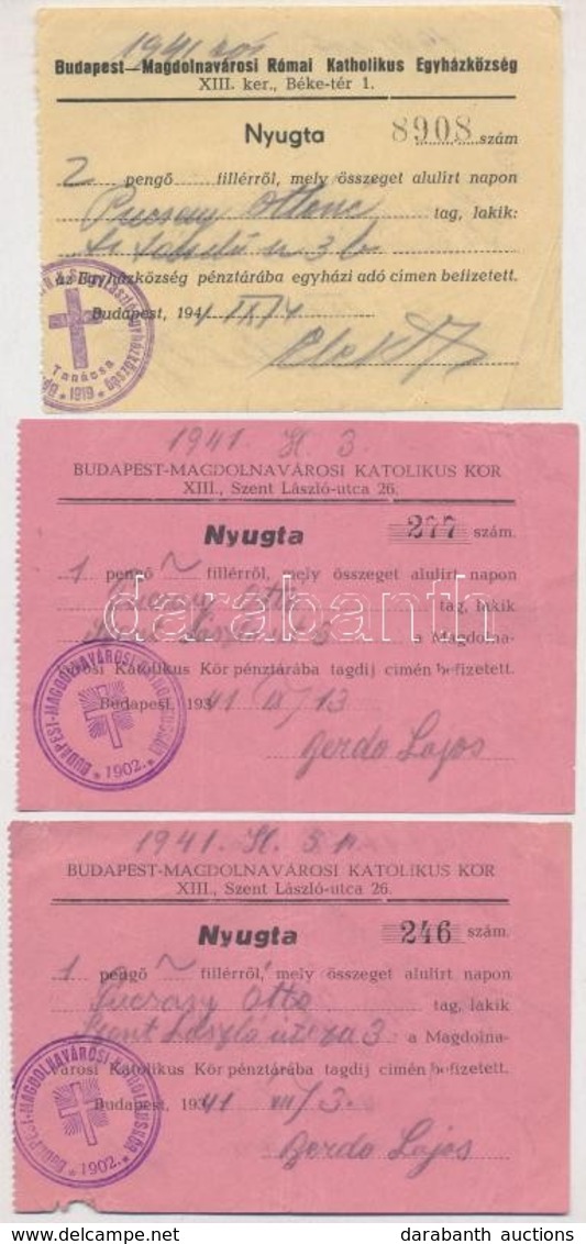 1941. 'Budapest-Magdolnavárosi Római Katholikus Egyházközség' 3db Kitöltött Nyugta, Bélyegzésekkel T:III - Ohne Zuordnung