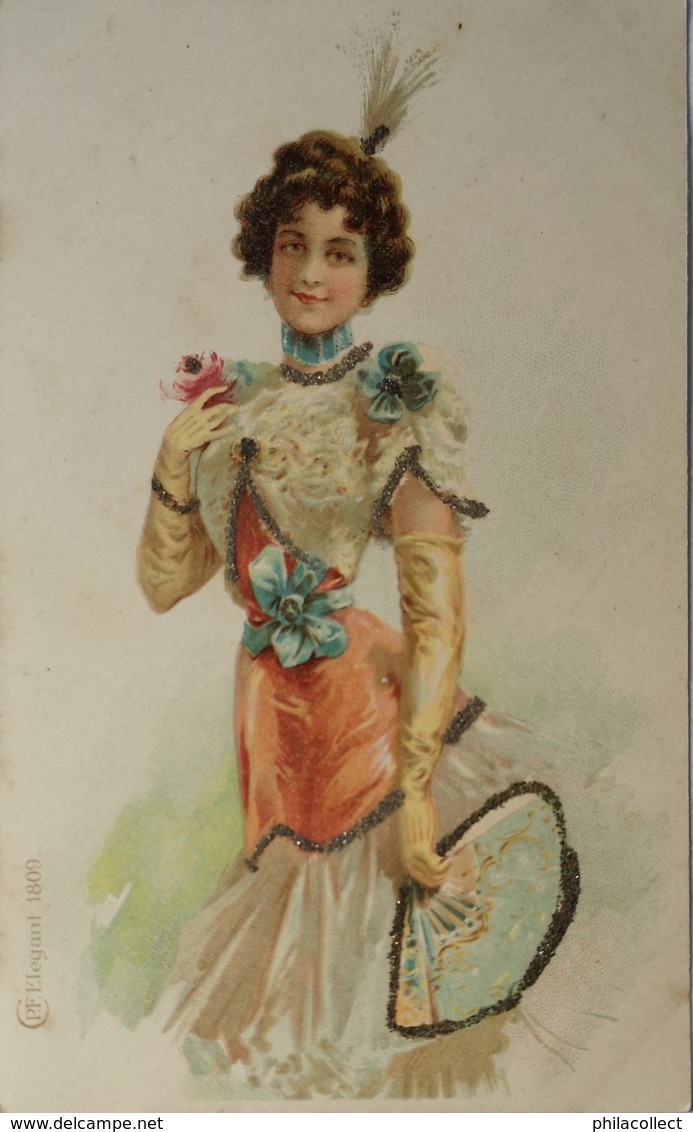 C. P. F. Elegant Fashion Card // Beautiful Woman With A Fan. 1809 // Ca 1899 - Before 1900