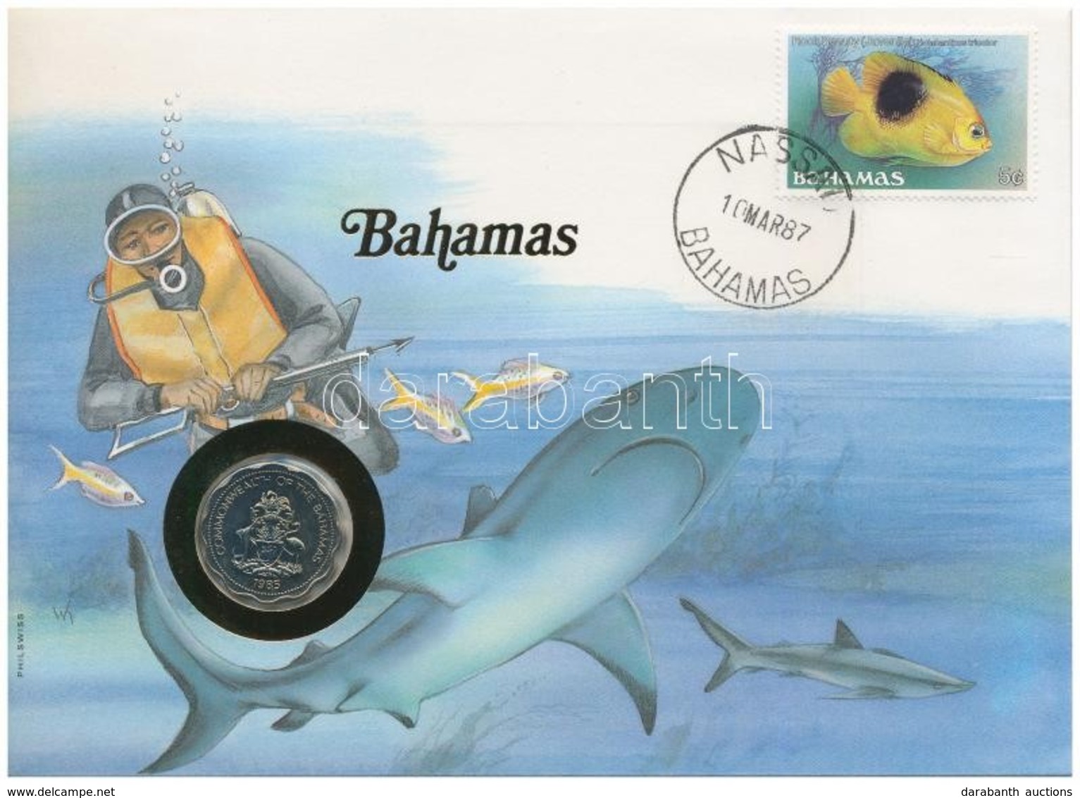 Bahamák 1985. 10c, Felbélyegzett Borítékban, Bélyegzéssel, Német Nyelvű Leírással T:1 
Bahamas 1985. 10 Cents In Envelop - Ohne Zuordnung