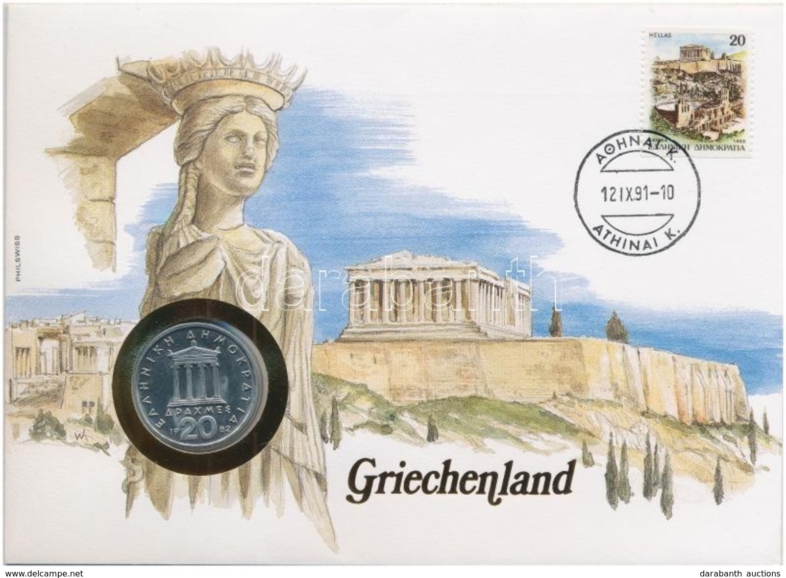 Görögország 1982. 20D, Felbélyegzett Borítékban, Bélyegzéssel, Német Nyelvű Leírással T:1 
Greece 1982. 20 Drachmai In E - Ohne Zuordnung