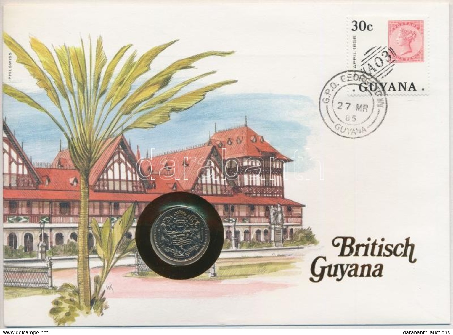 Guyana 1985. 25c, Felbélyegzett Borítékban, Bélyegzéssel, Német Nyelvű Leírással T:1 Patina
Guyana 1985. 25 Cents In Env - Unclassified