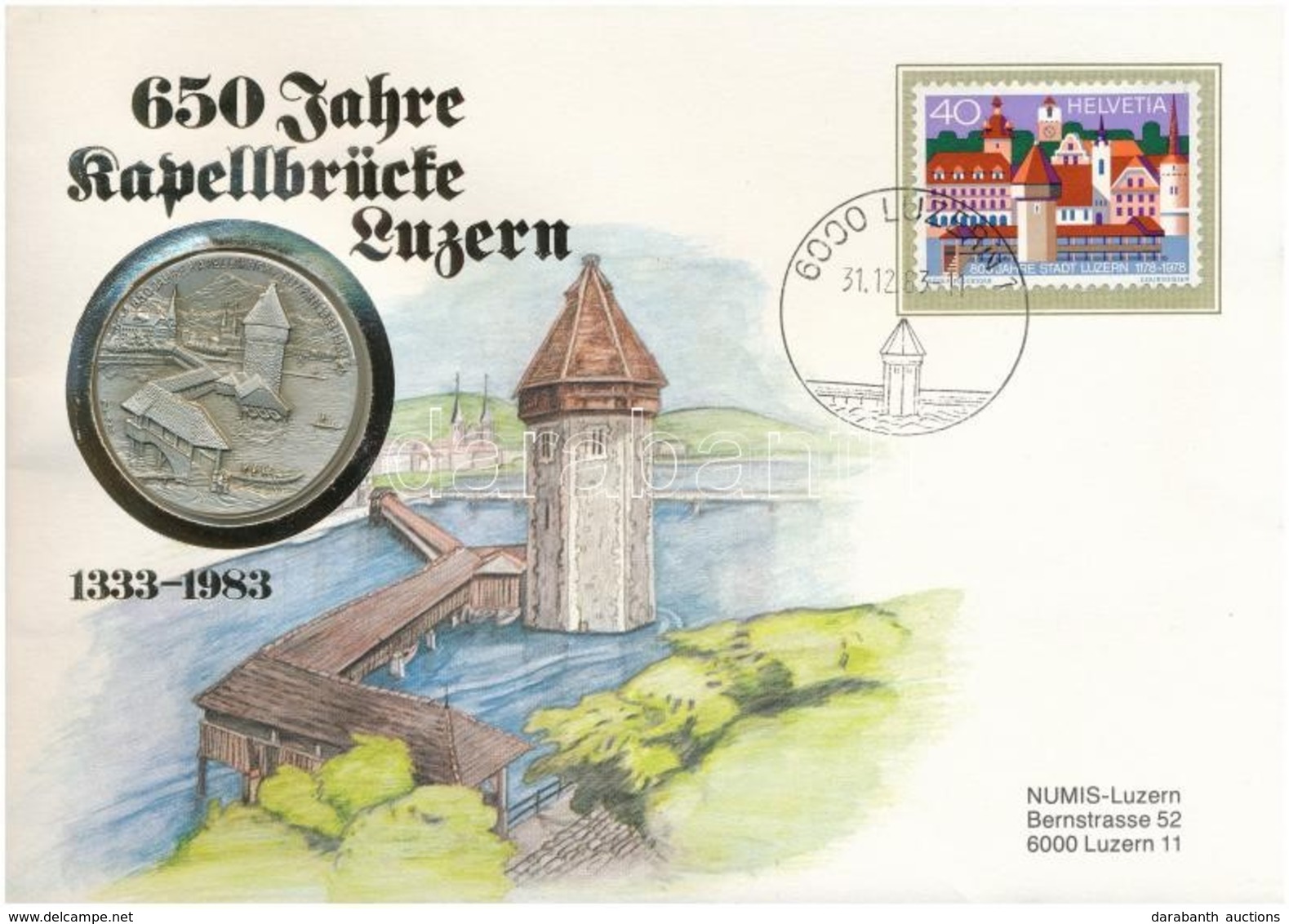 Svájc 1983. '650 Jahre Kapellbrücke Luzern 1333-1983' Jelzett Ag (0.900) Emlékérem Felbélyegzett Borítékban T:1
Switzerl - Unclassified