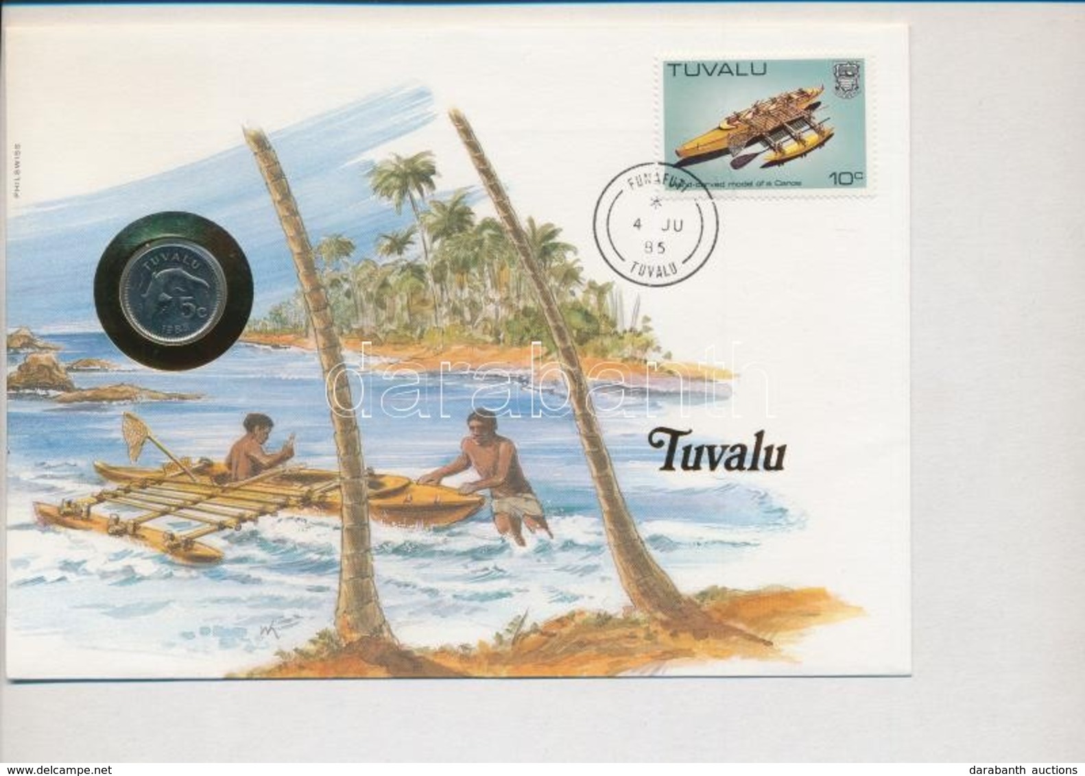 Tuvalu 1985. 5c, Felbélyegzett Borítékban, Bélyegzéssel, Német Nyelvű Leírással T:1- Patina
Tuvalu 1985. 5 Cents In Enve - Unclassified