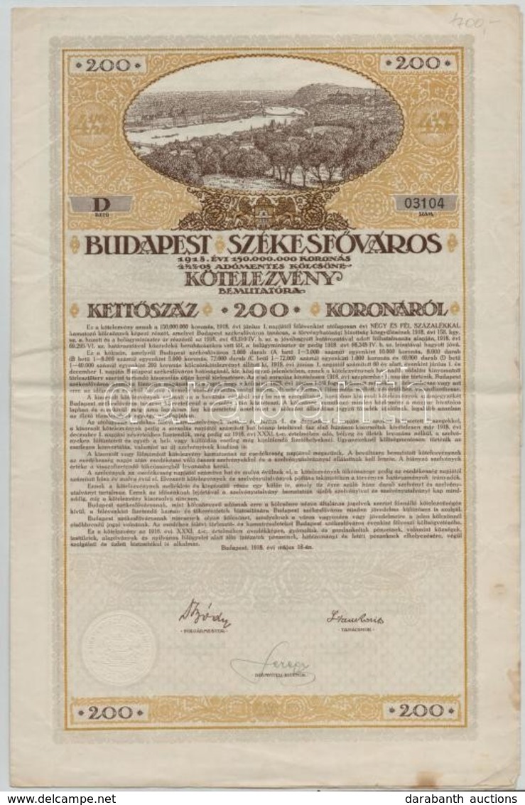 Budapest 1918. 'Budapest Székesfőváros' Kötelezvény 1000K-ról, Magyar és Német Nyelven, Szelvényekkel, Szárazpecséttel T - Unclassified