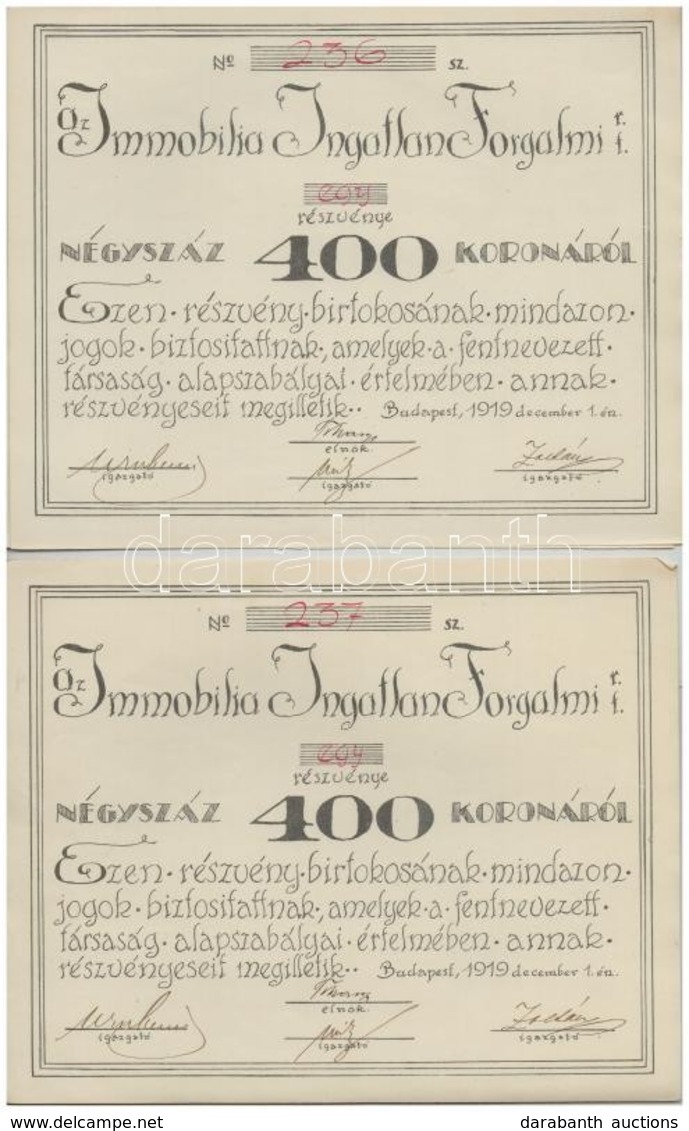 Budapest 1919. 'Az Immobilia Ingatlan Forgalmi Részvénytársaság' Részvénye 400K-ról Szelvényekkel (2x) Sorszámkövetők T: - Unclassified