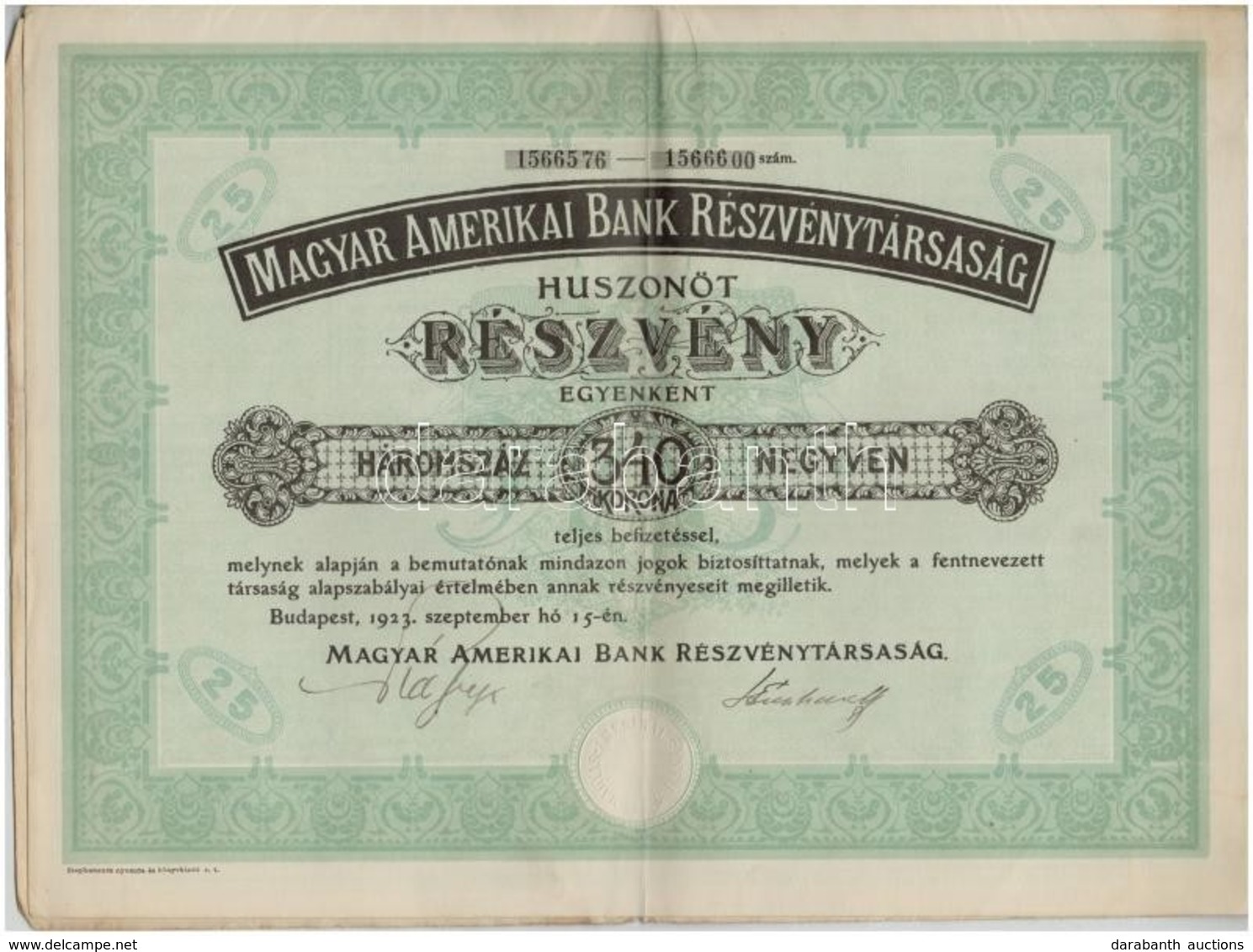 Budapest 1923. 'Magyar Amerikai Bank Részvénytársaság' 25 Részvénye Egyenként 340K-ról, Szelvényekkel és Szárazpecséttel - Unclassified