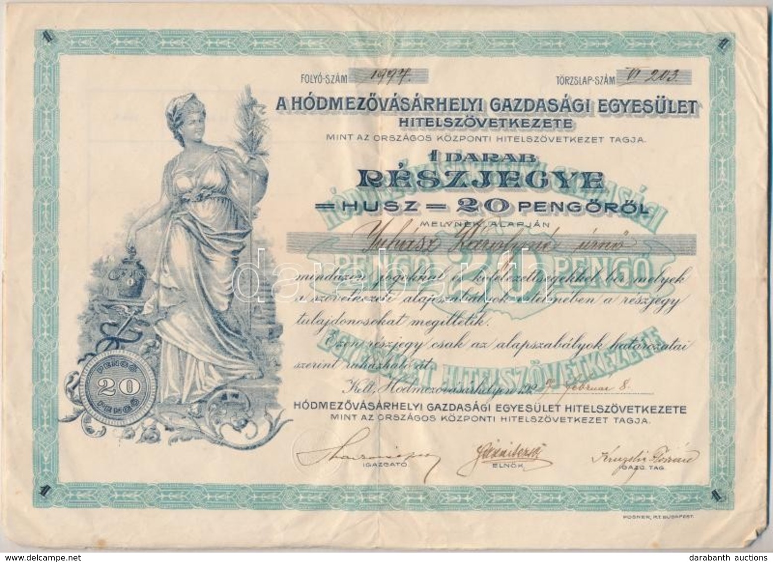 1927. 'Hódmezővásárhelyi Gazdasági Egyesület Hitelszövetkezete' Részjegye 20P-ről, Szelvényekkel, Szárazpecséttel T:III - Unclassified