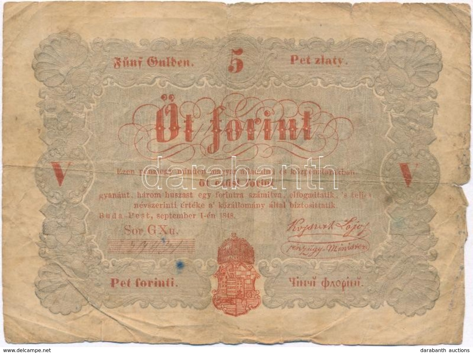 1848. 5Ft 'Kossuth Bankó' Vörösesbarna T:III-
Adamo G109 - Unclassified