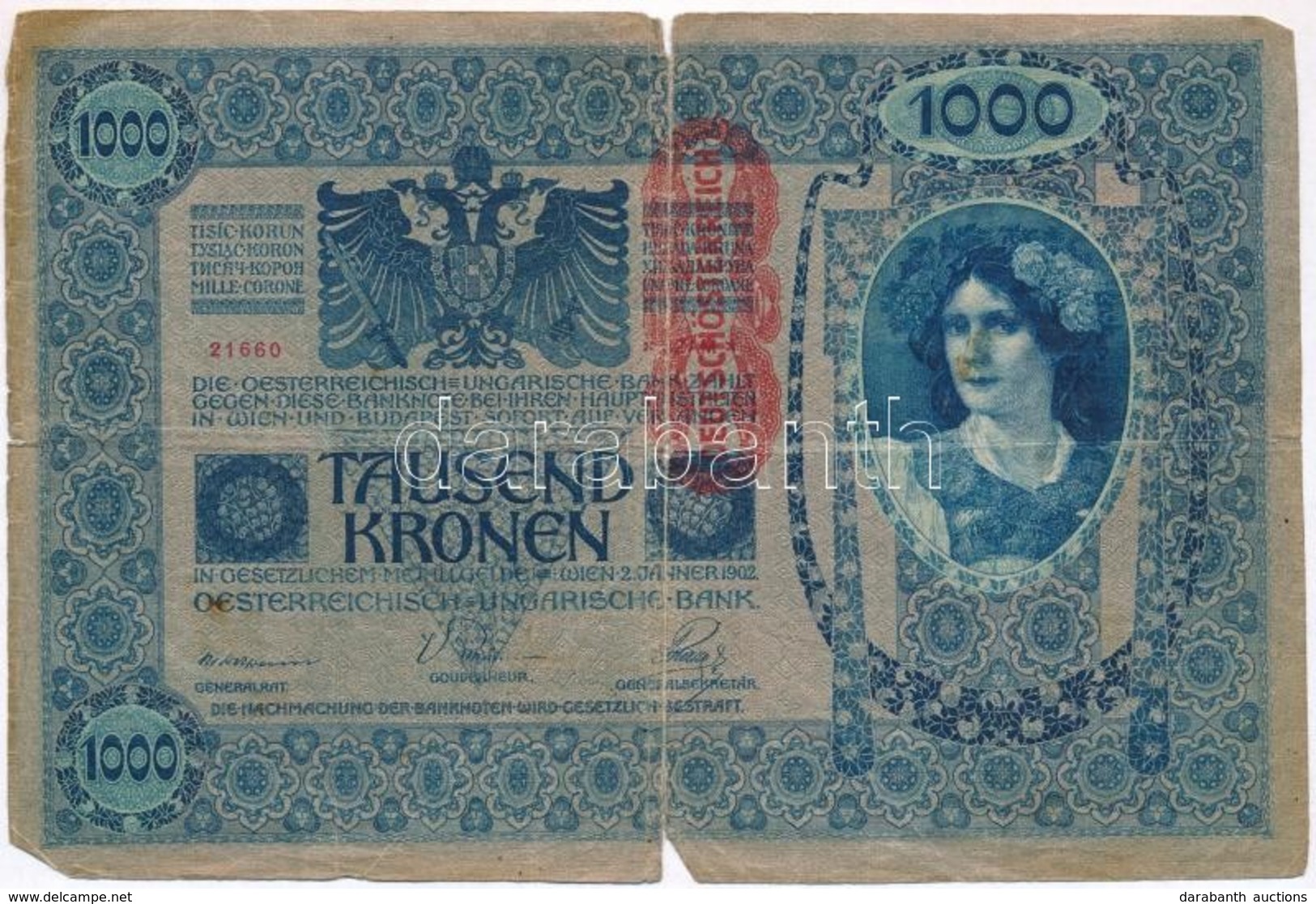 1902. 1000K Piros 'Deutschösterreich' Felülbélyegzéssel +  1913. 20K + 1915. 10K T:III,III- Szakadás - Ohne Zuordnung
