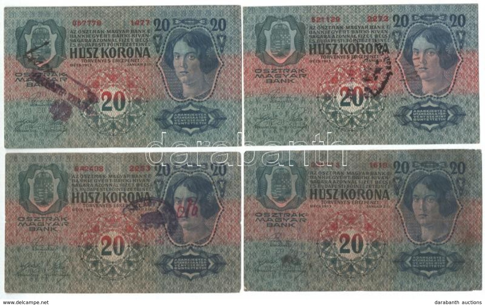 1913. 20K (4xklf) Nehezen Olvasható Felülbélyegzésekkel T:III,III- Kis Szakadás / Hungary 1913. 20 Korona (4xdiff) With  - Unclassified