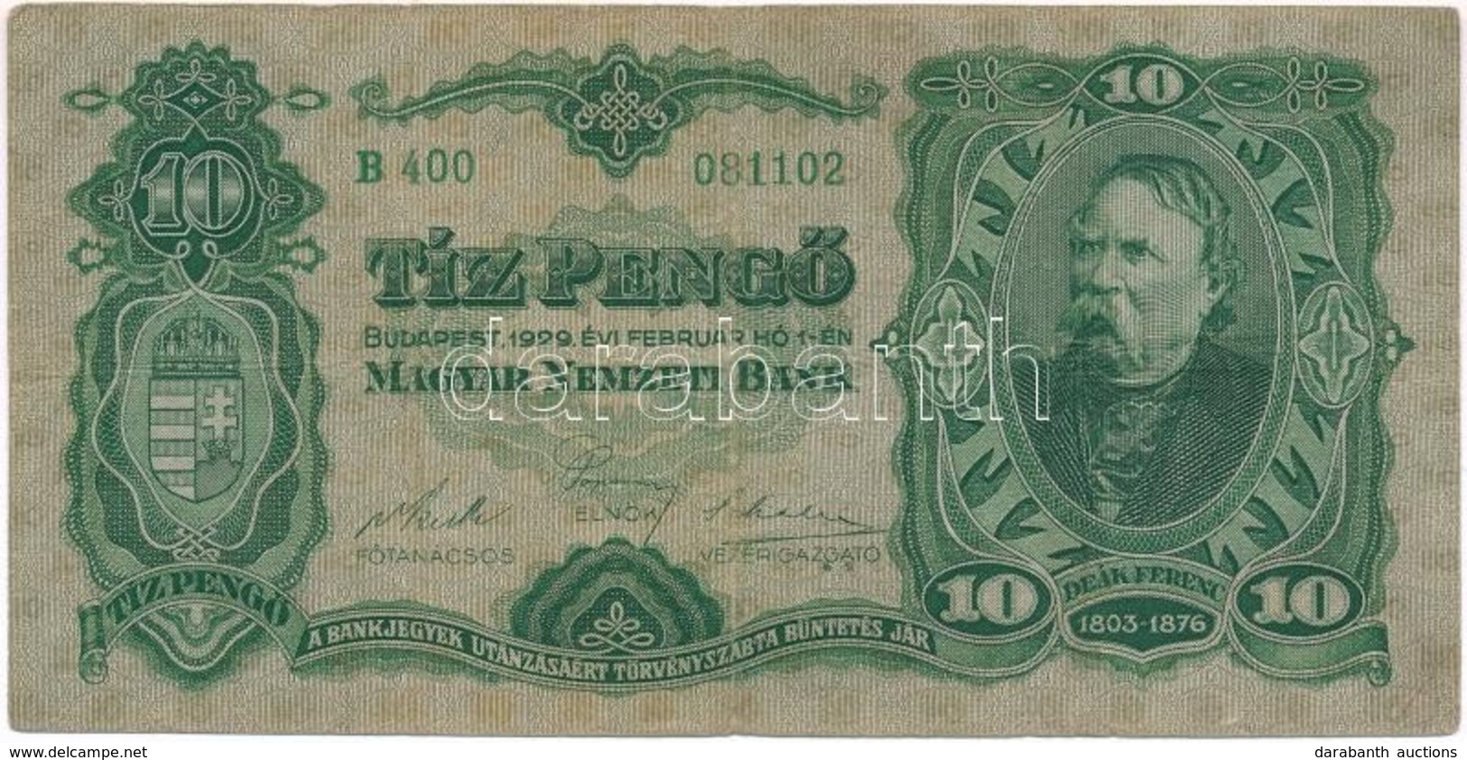 1929. 10P 'Deák Ferenc' T:III,III-
 Hungary 1929. 10 Pengő 'Ferenc Deák' C:F,VG
Adamo P8 - Unclassified