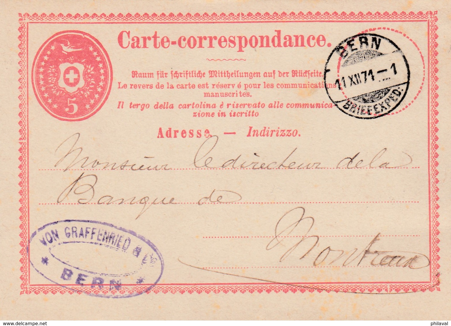 Carte Corespondance De La Firme Von Graffenried, Bern,  Obl Le 11.XII.1871, à Dest Du Directeur De La Banque De Montreux - Stamped Stationery