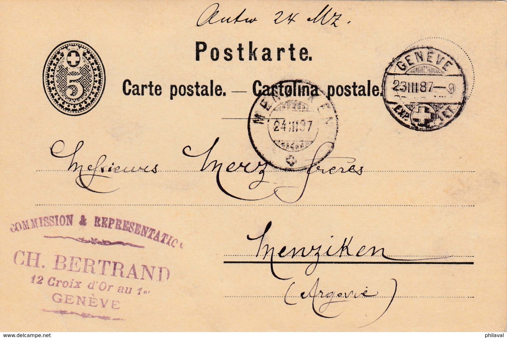 Carte Postale - Entier Postal De Ch.Bertrand à Genève, Oblitérée Le 23.III.1887, à Destination De Menziken - Stamped Stationery