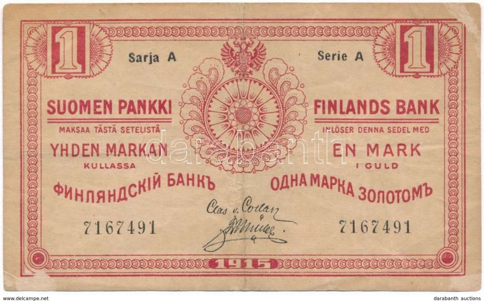 Finnország 1915. 1M T:III
Finland 1915. 1 Markka C:F
Krause 16. - Unclassified