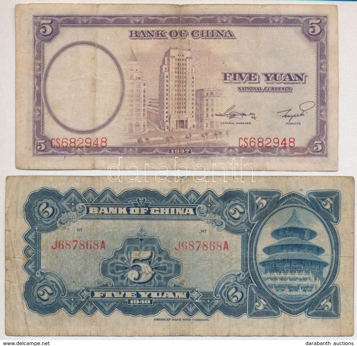 Kína 1937. 5Y + 1940. 5Y T:III,III-
China 1937. 5 Yuan + 1940. 5 Yuan C:F,VG - Unclassified