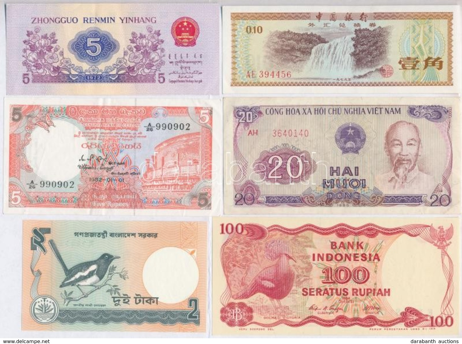 Vegyes 6db-os Külföldi Papírpénz Tétel, Benne Kínai, Indonéz, Ceyloni és Vietnámi Bankjegyek T:I-III - Unclassified