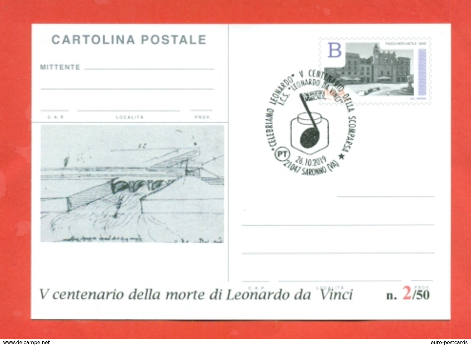 INTERI POSTALI-INTERO POSTALE SOPRASTAMPA PRIVATA-MARCOFILIA-LEONARDO DA VINCI -  SARONNO - Stamped Stationery