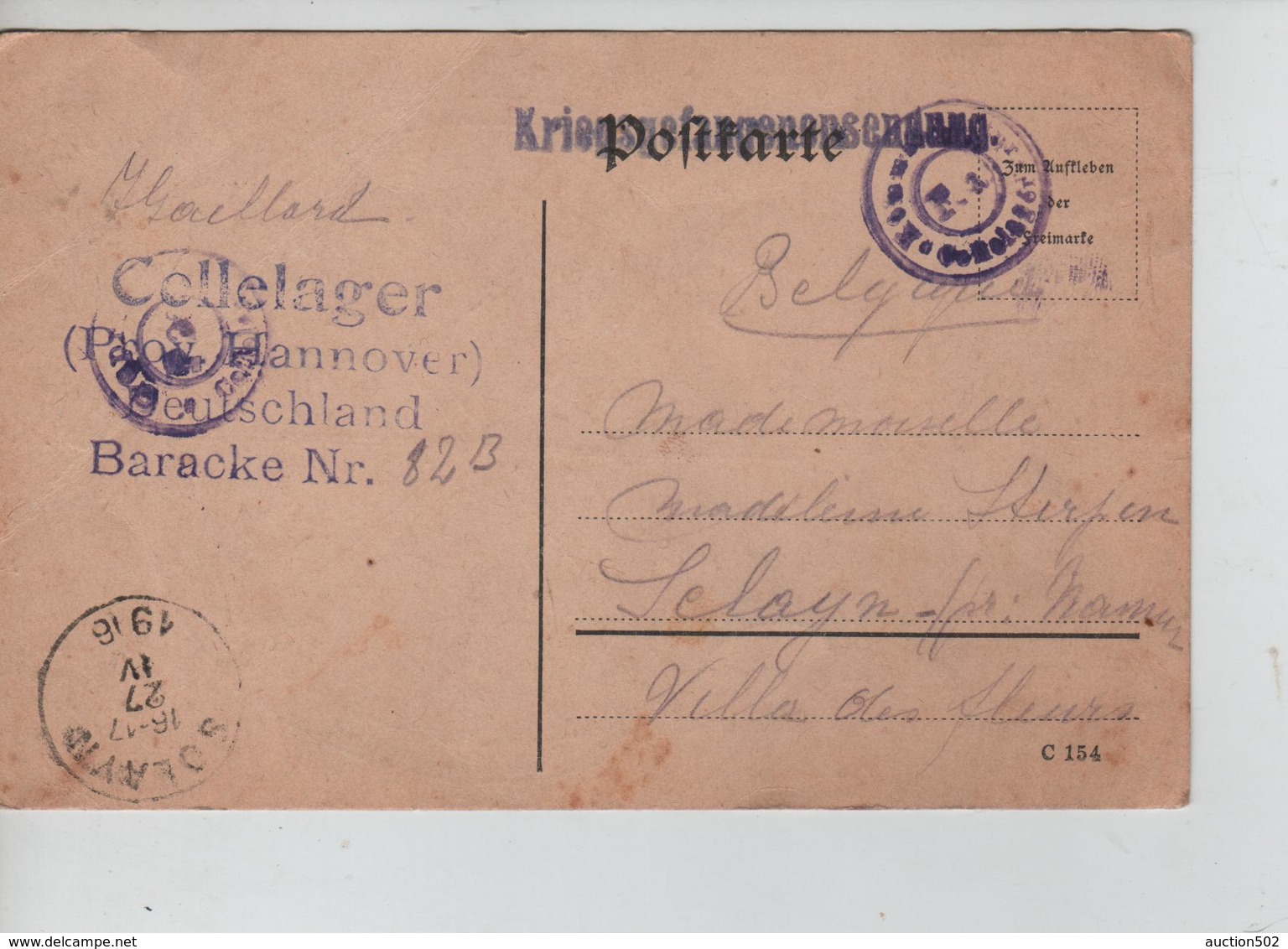 PR7627/ CP PDG-POW Cellelager Hannover Censures Du Camp > Sclayn C D'arrivée 1916 - Prisonniers