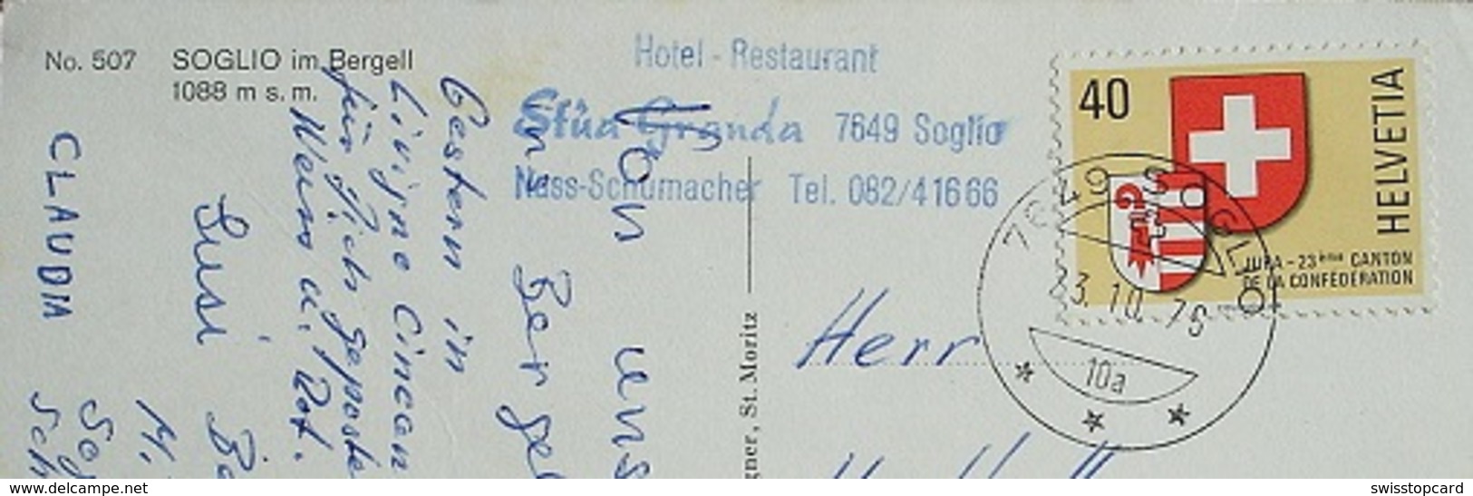 SOGLIO Im Bergell Gel. 1979 Stempel Hotel Restaurant - Soglio