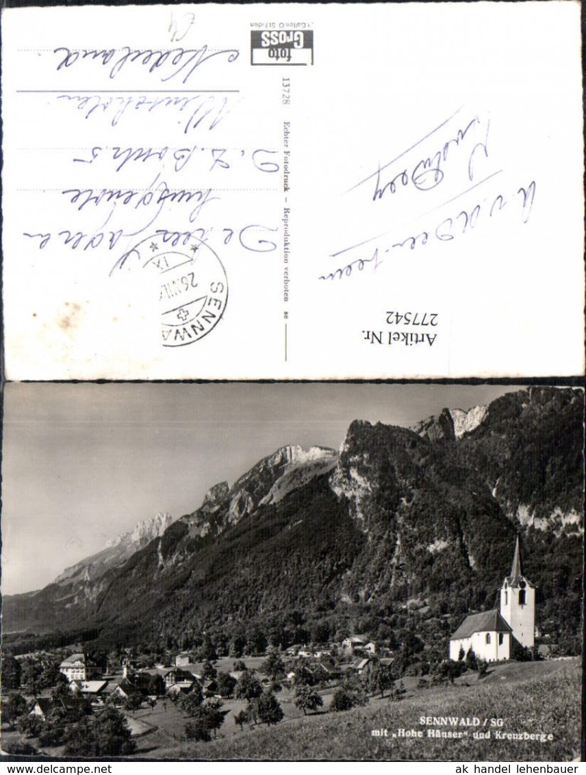 277542,Sennwald Totale Kirche M. Hohe H&auml;user U. Kreuzberge Bergkulisse Kt St Gallen - Berg