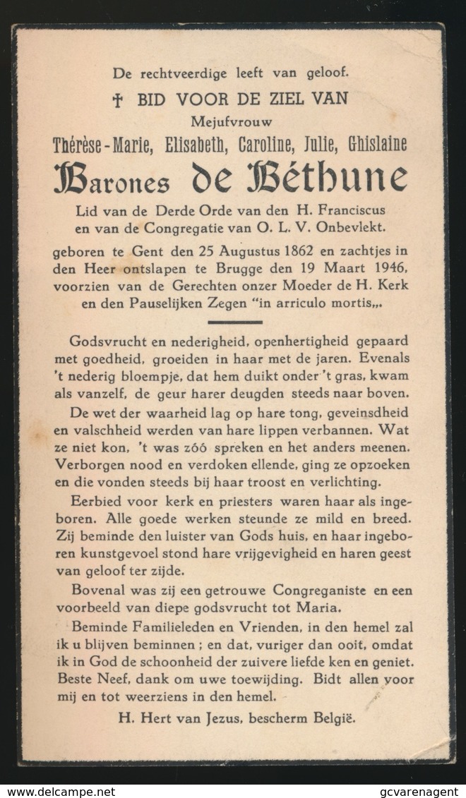 BARONES THERESE De BETHUNE - GENT 1862 - BRUGGE 1946 - Overlijden