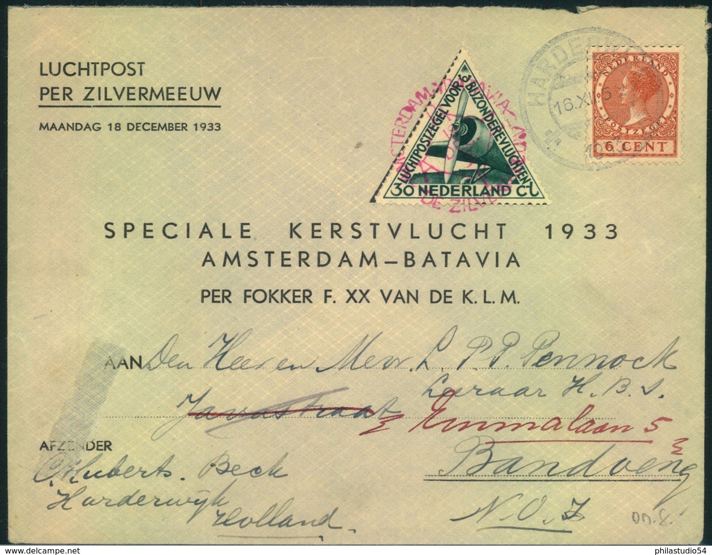 1933, "SPECIALE KERSTVLUCHT AMSTERDAM-BATAVIA, Addressed To Bandong - Posta Aerea