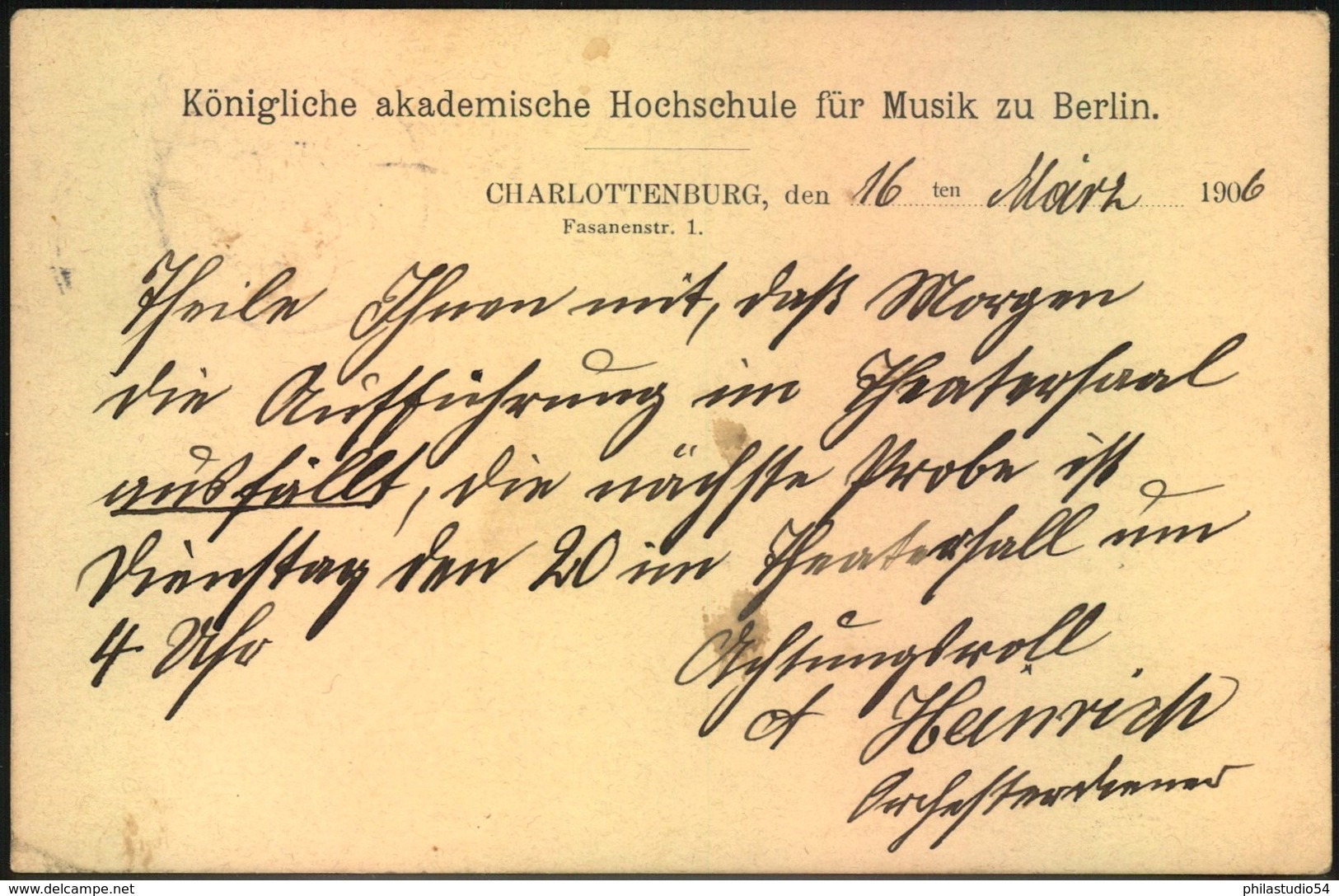 1906, Frei Durch Ablösung "Kgl. Pr. Akad; Hochschule Für Musik" Karte Ab "CHARLOTTENBURG * 2 H 16.3.06" - Musik
