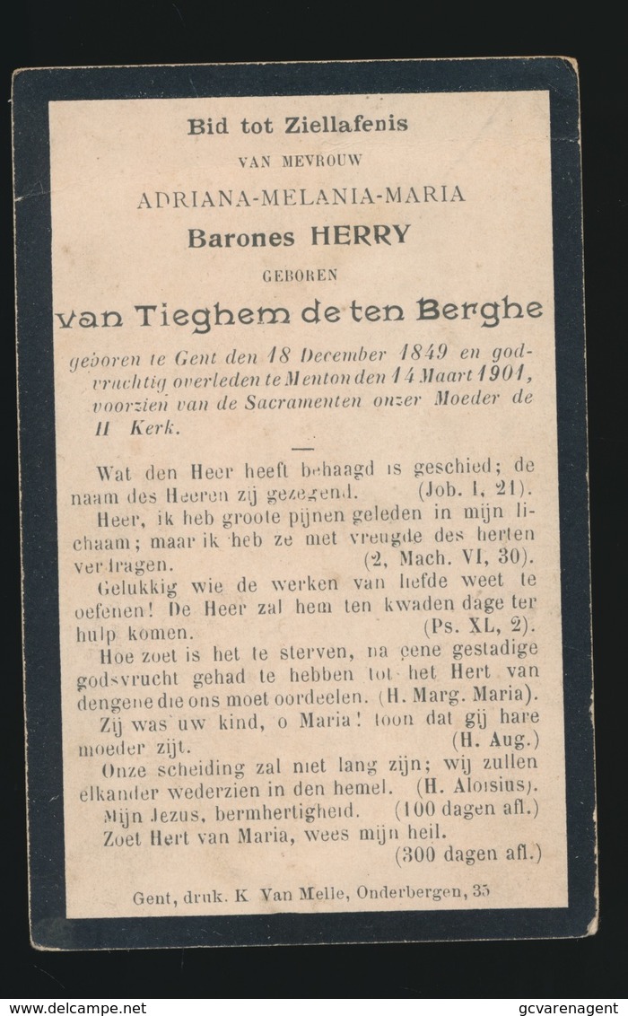 BARONES ADRIANA Van TIEGHEM De Ten BERGHE - GENT 1849 - MENTON 1901 - Overlijden