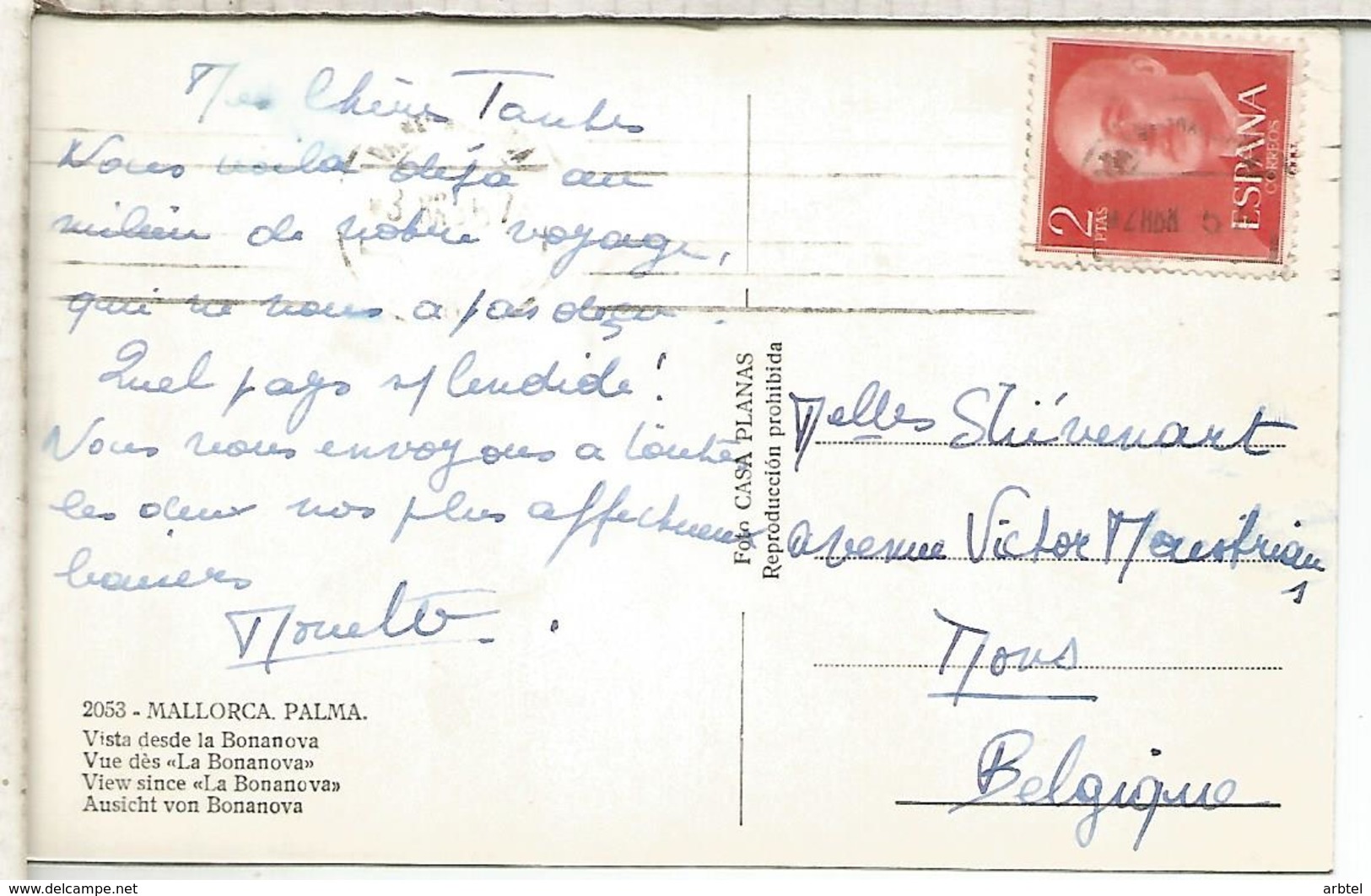 POSTAL PALMA MALLORCA CON SELLO 2 PESETAS FRANCO ROJO - Cartas & Documentos