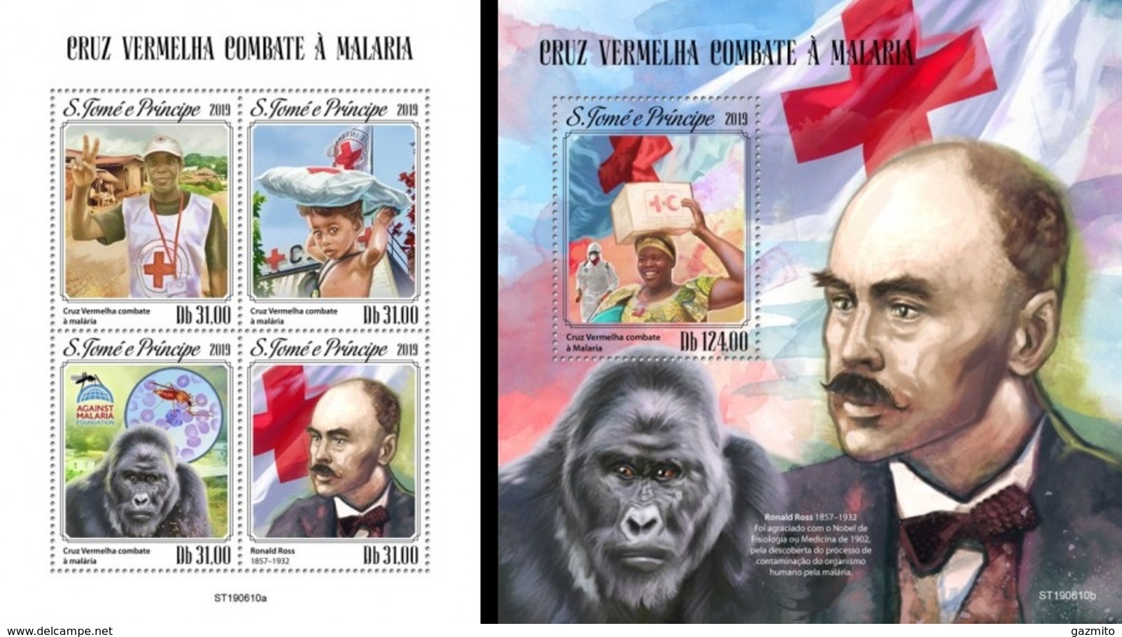 S. Tomè 2019, Red Cross, Against Malaria, Gorilla, 4val In BF +BF - Henry Dunant