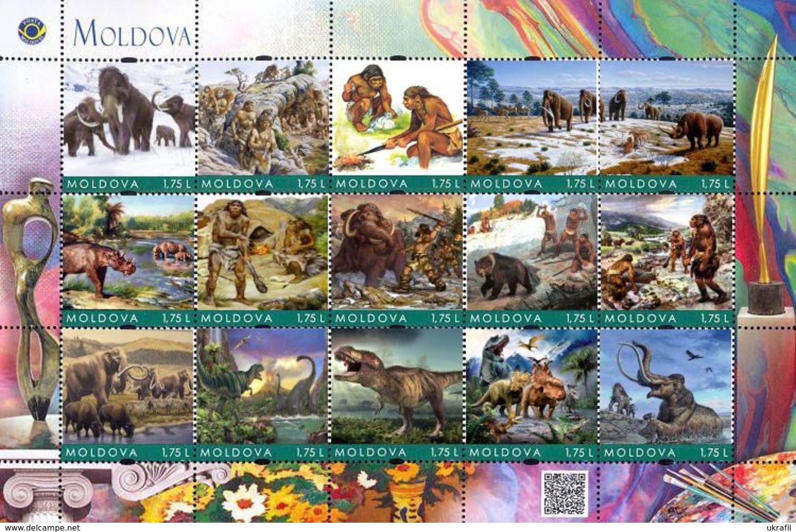Moldova 2019, Prehistoric Men, Dinosaurus, Mammoth, Sheetlet Of 15v - Moldavie