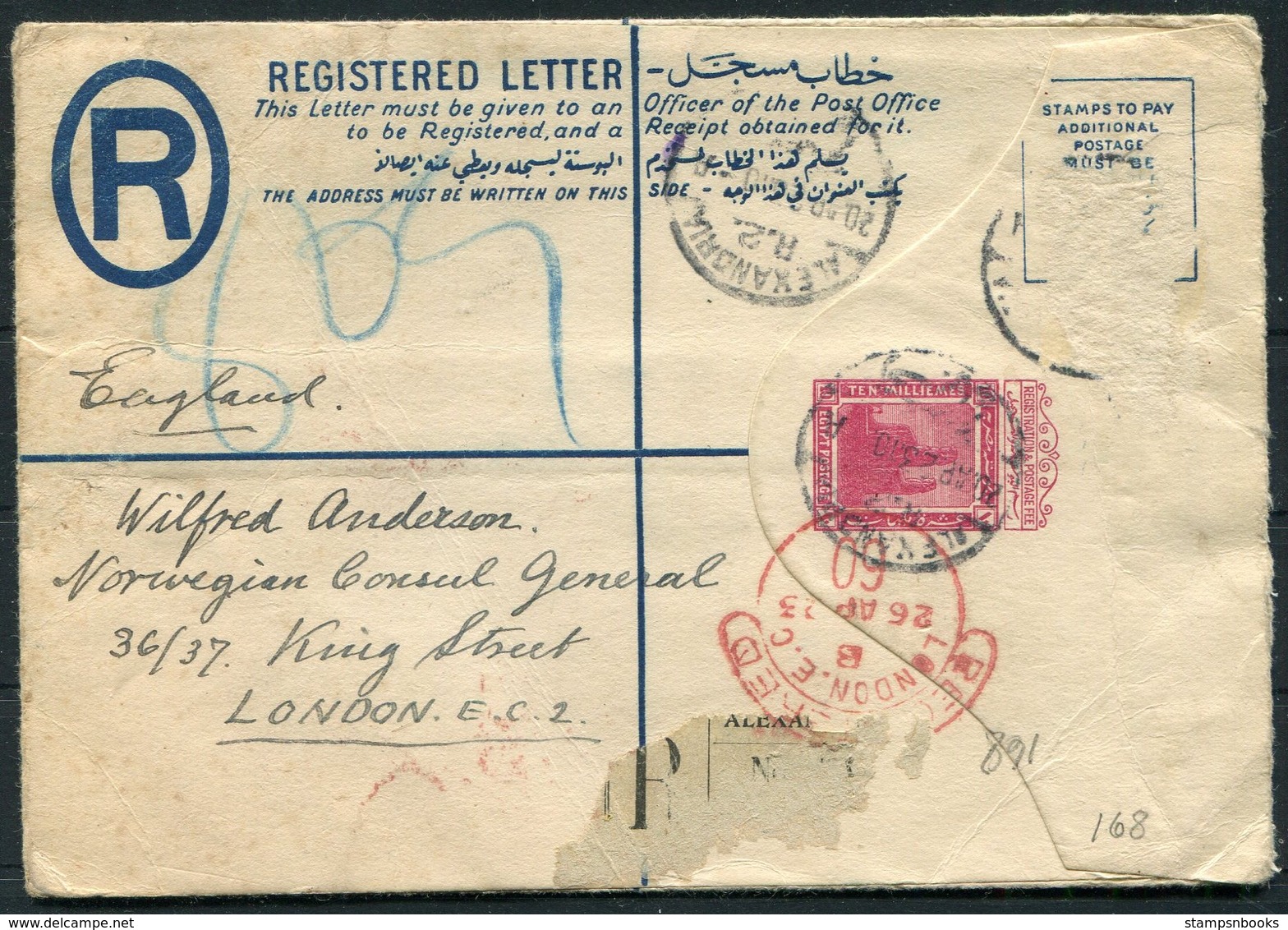 1923 Egypt Registered Letter, Alexandria R2 - Norwegian Consul General, King Street, London England. Norway - Covers & Documents