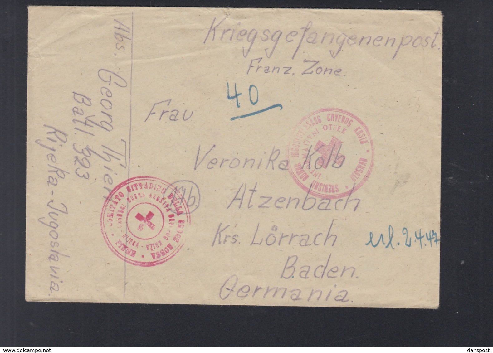 Yugoslavia POW Cover Rijeka  To Germany - Covers & Documents