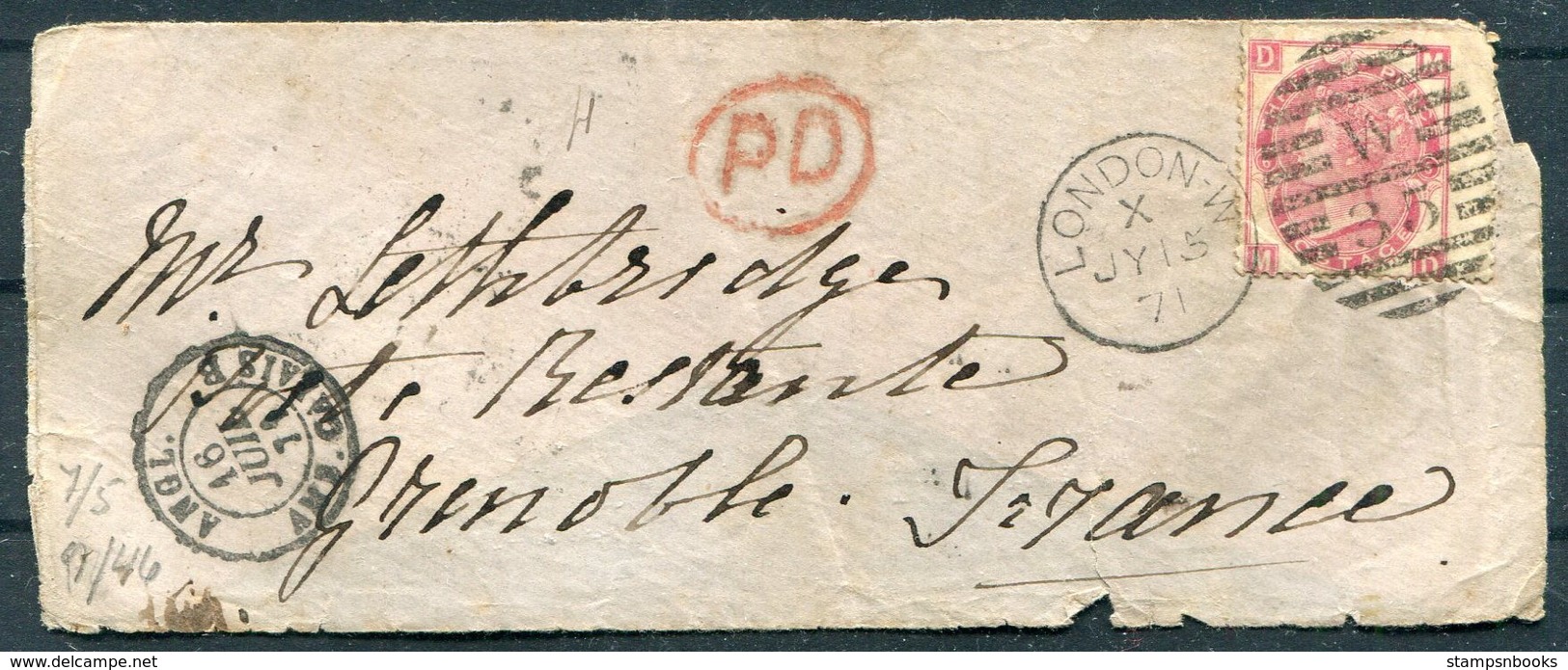 1871 GB London 3d Rose (Plate 6) Cover - Grenoble France Via Calais Paquebot, Paris A Lyon Train. - Storia Postale