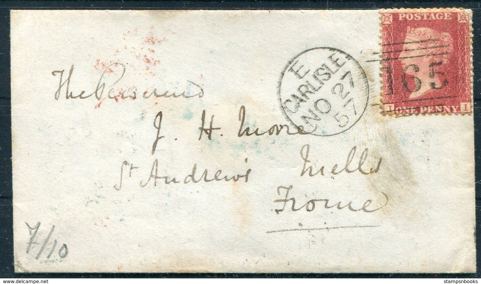 1857 GB 1d Red, Carlisle 165 Sideways Duplex Cover - Frome Via Langrigg, Aspatria, London - Lettres & Documents