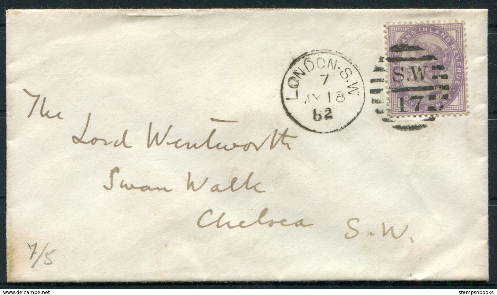 1882 GB 1d Lilac Cover, London SW 17 Duplex - Lord Wentworth, Swan Walk, Chelsea (formerly The Swan Tavern, Samuel Pepys - Lettres & Documents