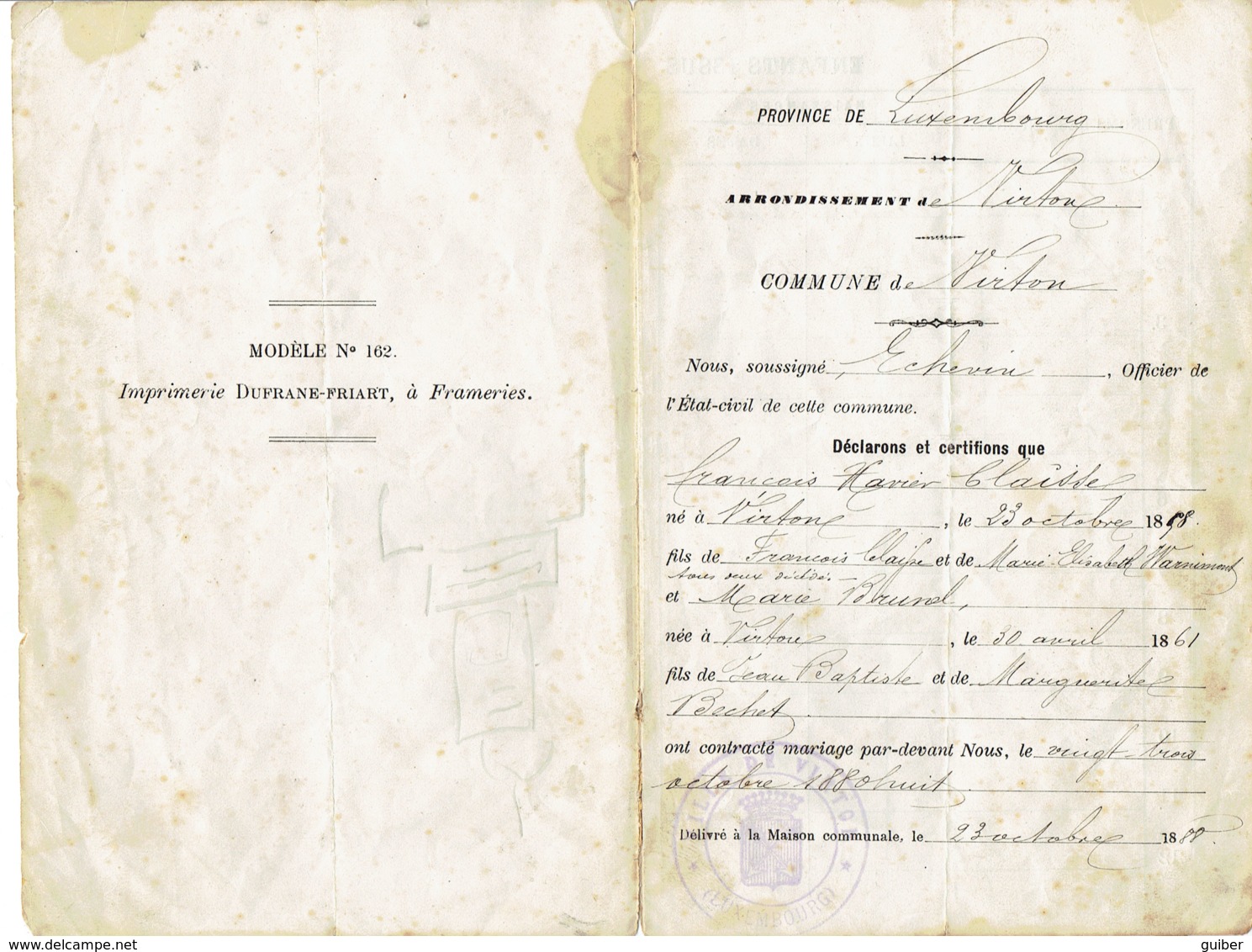 Ancien Carnet De Mariage Virton 1888 Famille Claisse Brunel - Historical Documents