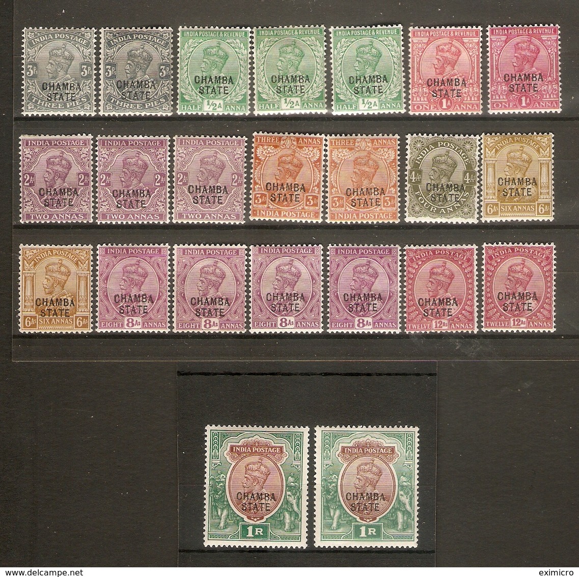 INDIA - CHAMBA 1913 - 1923 SET OF 23 STAMPS INC. MOST CATALOGUE LISTED COLOUR VARIETIES SG 43/53b (L)MM Cat £290+ - Chamba