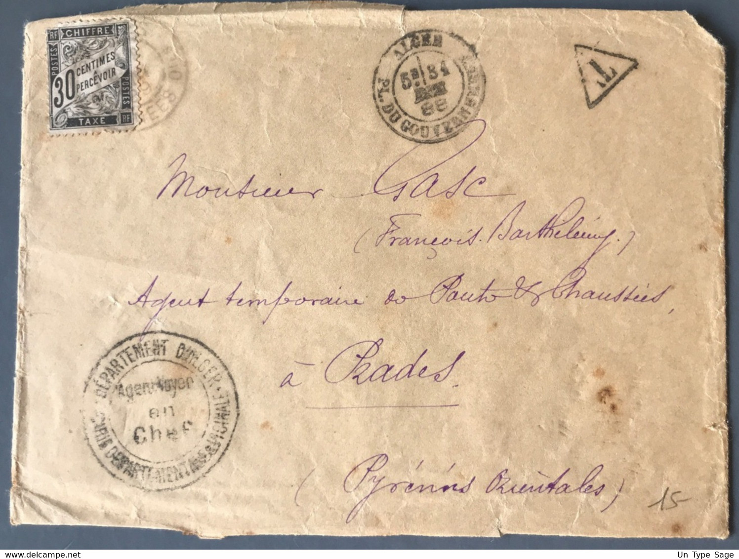 France Taxe N°18 Sur Lettre D'Alger Pour Prades 1888 - (B1699) - 1859-1959 Lettres & Documents