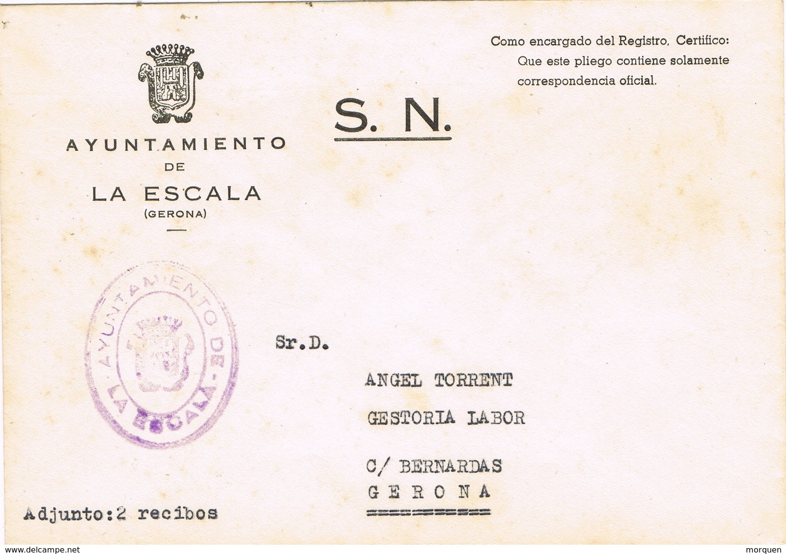 34803. Carta S.N. Franquicia Ayuntamiento LA ESCALA (Gerona) 1960. - Cartas & Documentos