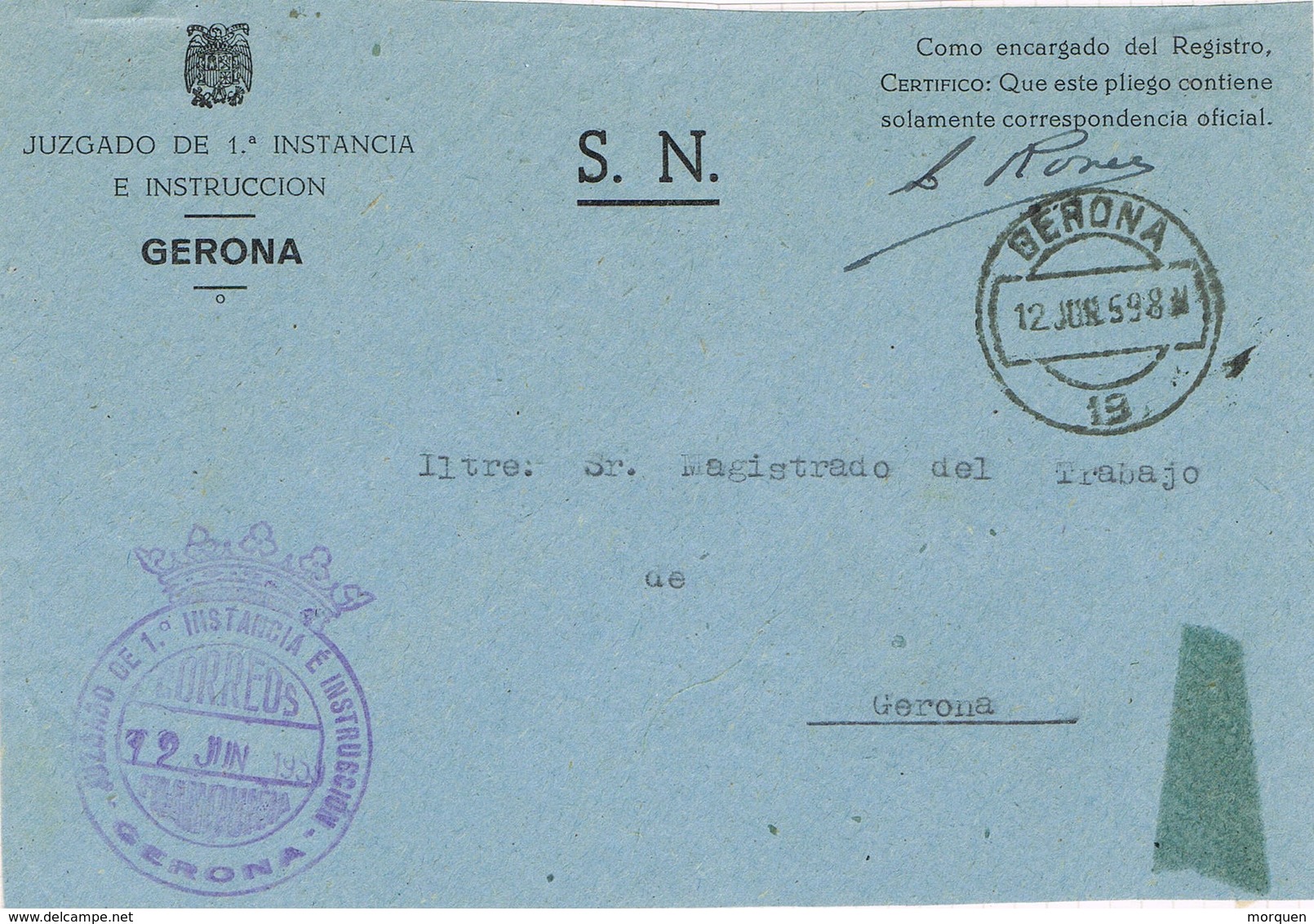 34804. Frontal S.N. Franquicia Juzgado Primera Instancia GERONA 1959. Fechador Gerona - Cartas & Documentos