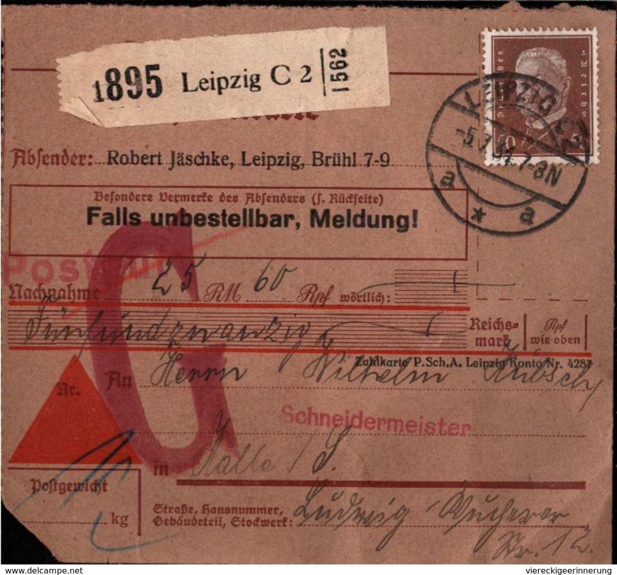 ! 1934 Nachnahme Paketkarte Deutsches Reich, Postgut, Leipzig - Brieven En Documenten