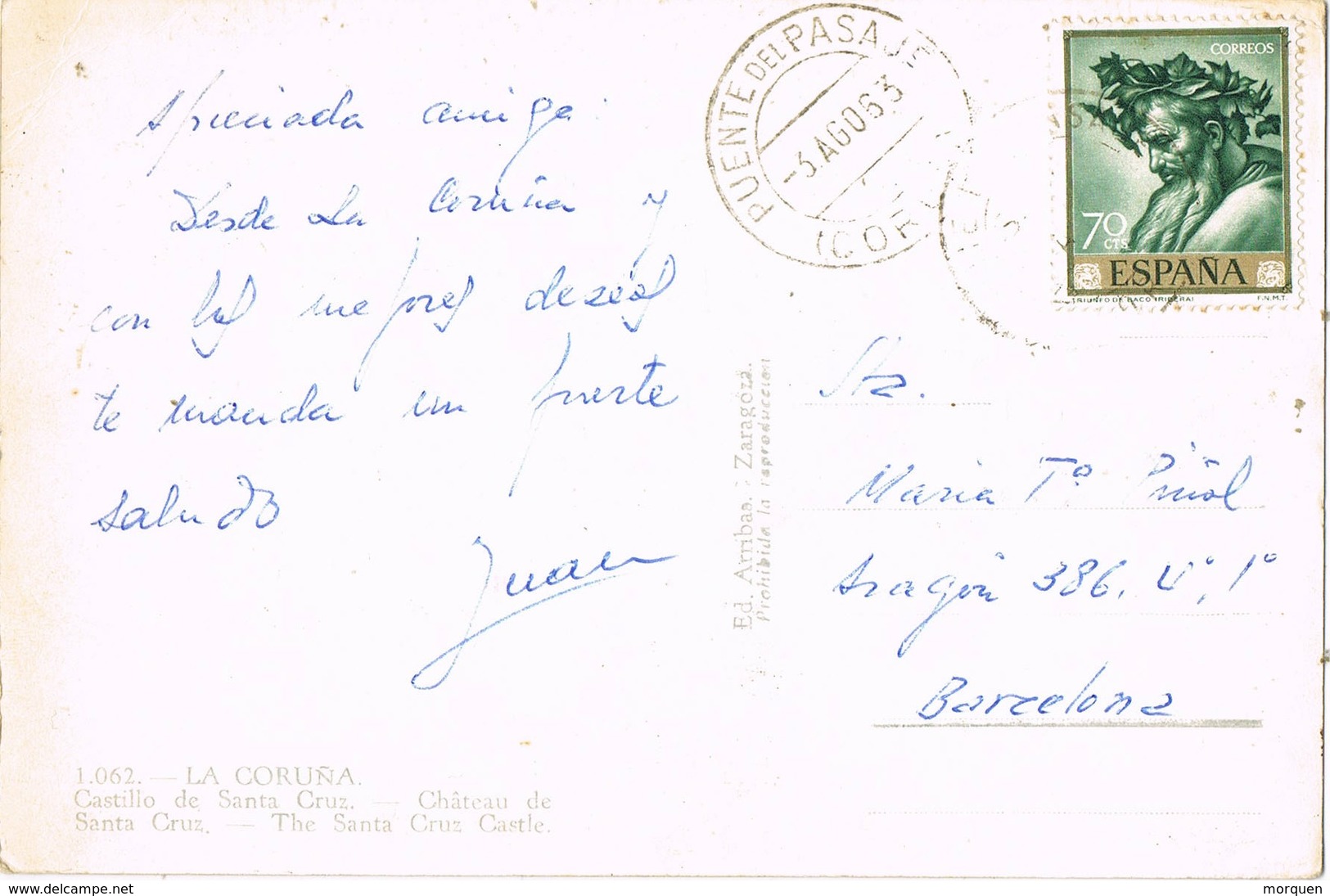 34807. Postal PUENTE Del PASAJE (Coruña) 1963. Vista Castillo De Santa Cruz En CORUÑA - Cartas & Documentos