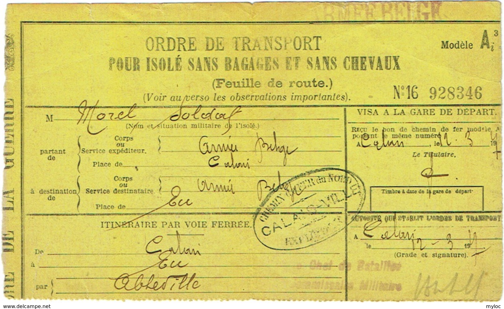 Militaria. Ordre De Transport . Armée Belge. Chemin De Fer Du Nord, Calais. - Documents