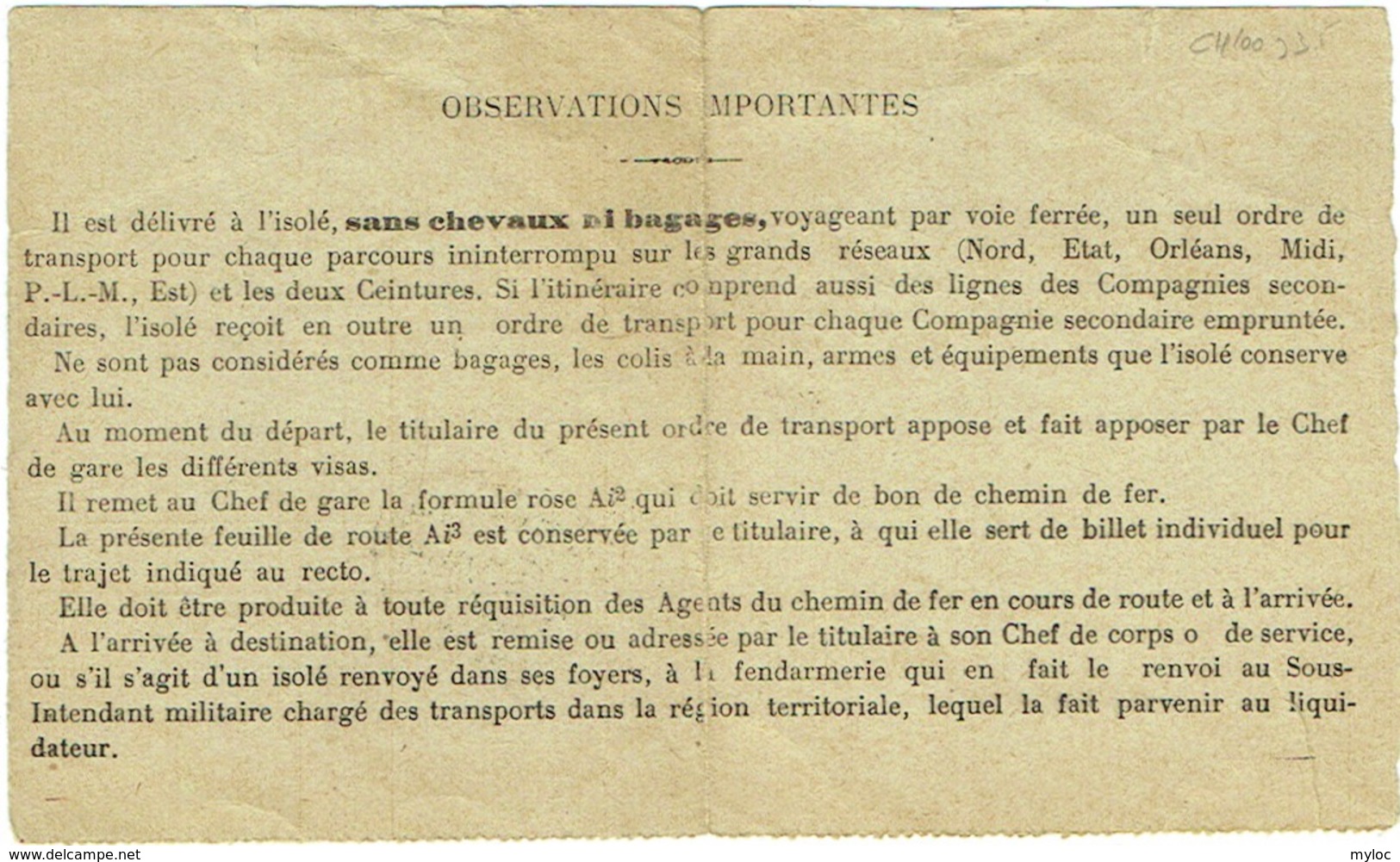 Militaria. Ordre De Transport . Armée Belge. Chemin De Fer Du Nord, Calais. - Documents