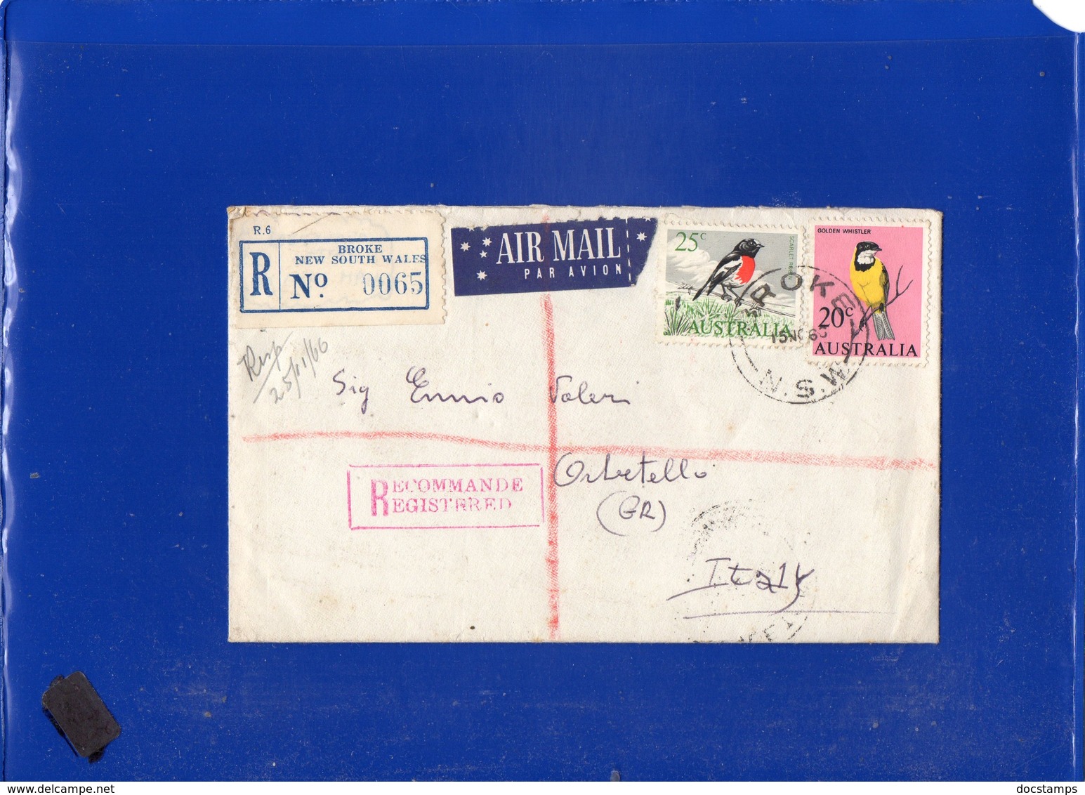 ##(DAN1911/1)-Postal History-Australia 1966-Airmail Registered Cover With Text Inside From Broke-NSW To Italy - Lettres & Documents